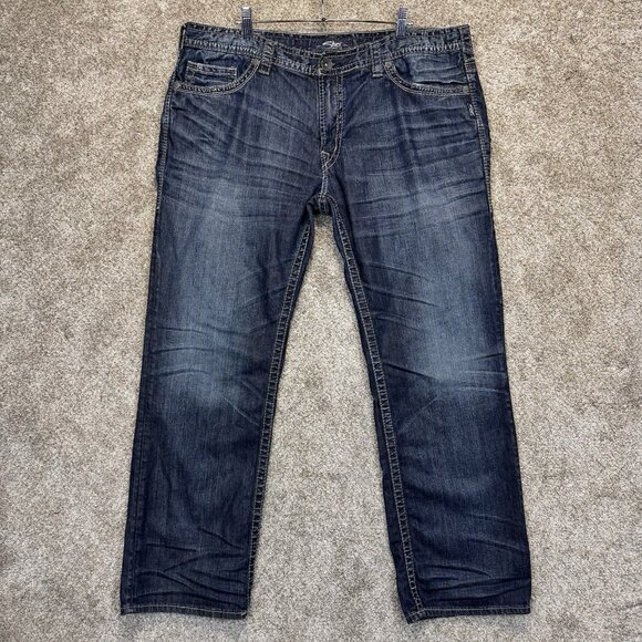 Silver Jeans Mens 40x32 Blue Nash Straight Distressed Stretch Dark Wash Denim - Picture 1 of 11
